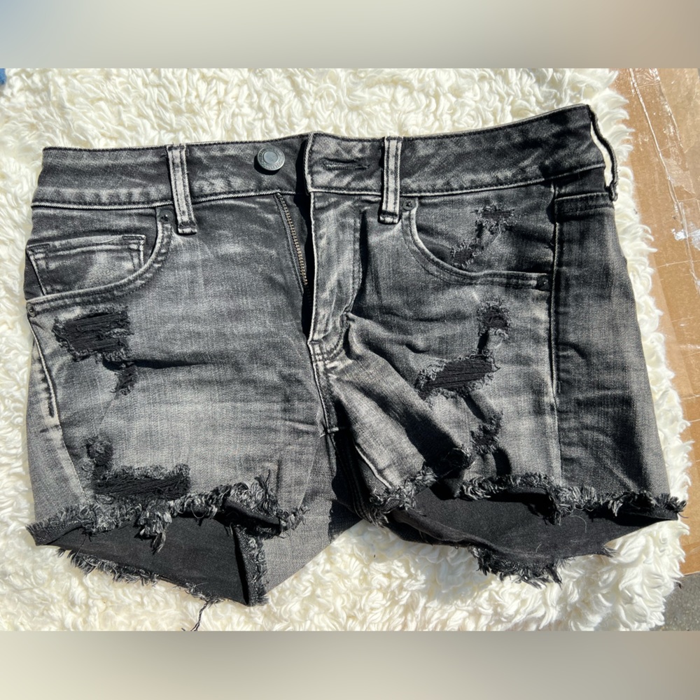 American Eagle, distressed black shorts